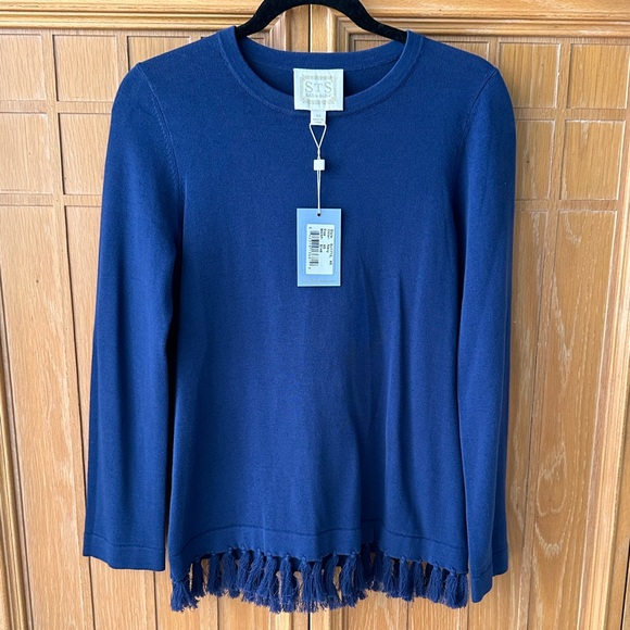 NWT! Sail to Sable Navy Tassel Up Fringe Hem Sweater Sz Small - Picture 2 of 2